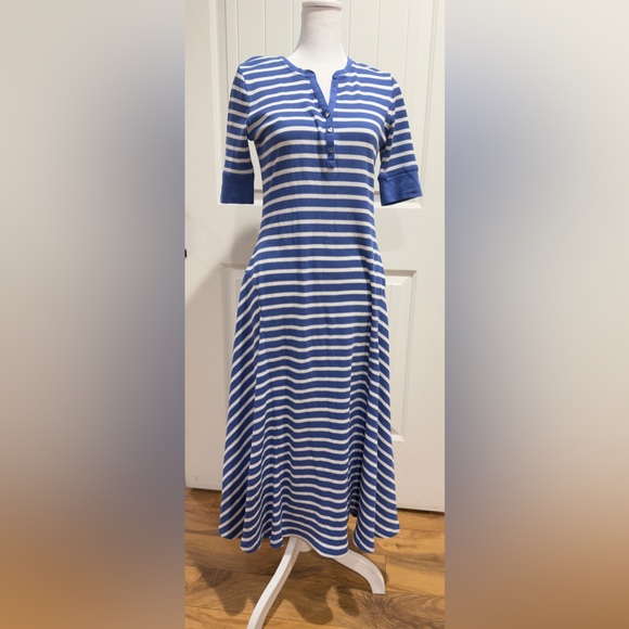 Lauren Ralph Lauren Striped Waffle-Knit Cotton Henley Dress Midi Blue White Sz M - Picture 4 of 10